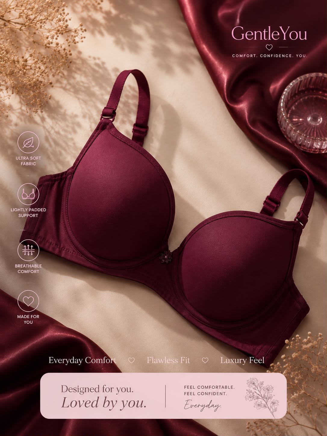 Padded Non-Wired Full Coverage Self-Patterned Multiway T-shirt Bra in Wine Color